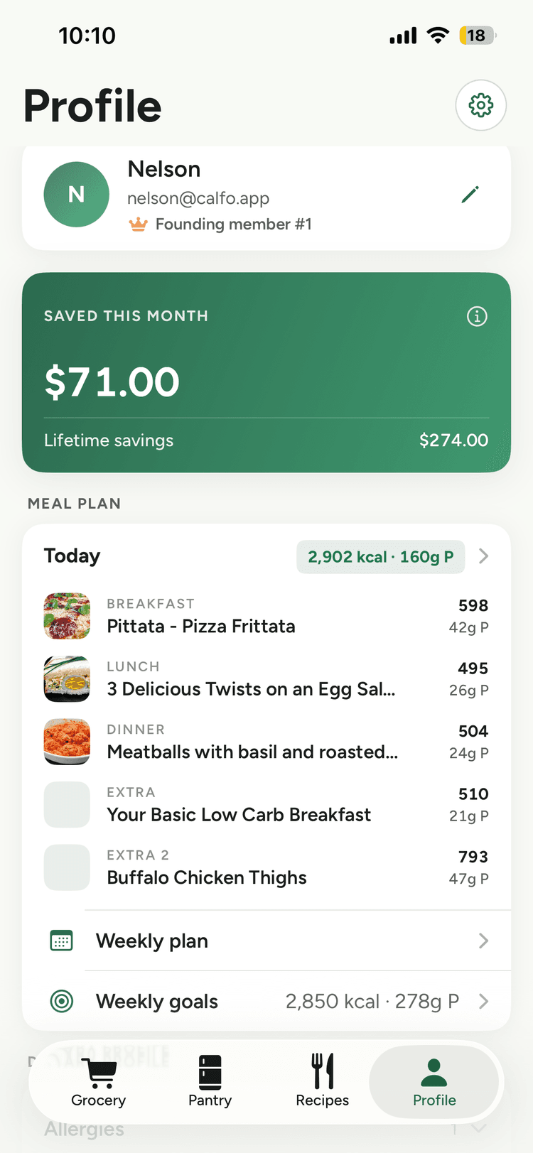Calfo profile with money saved this month and today's meal plan
