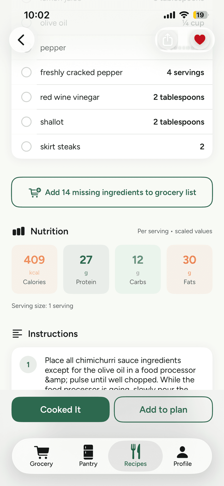 Calfo recipe nutrition and adding missing ingredients to the grocery list