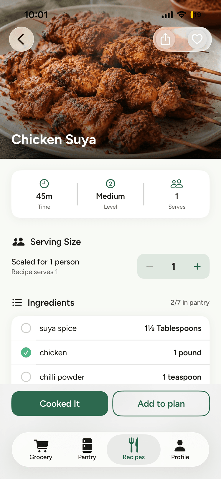 Calfo recipe detail with serving size and ingredients you already have